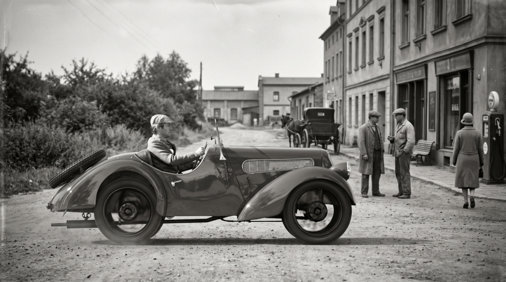 Pequeño roadster BMW/Dixi de los años 30 en una calle de una población alemana, escena de la Europa de entreguerras