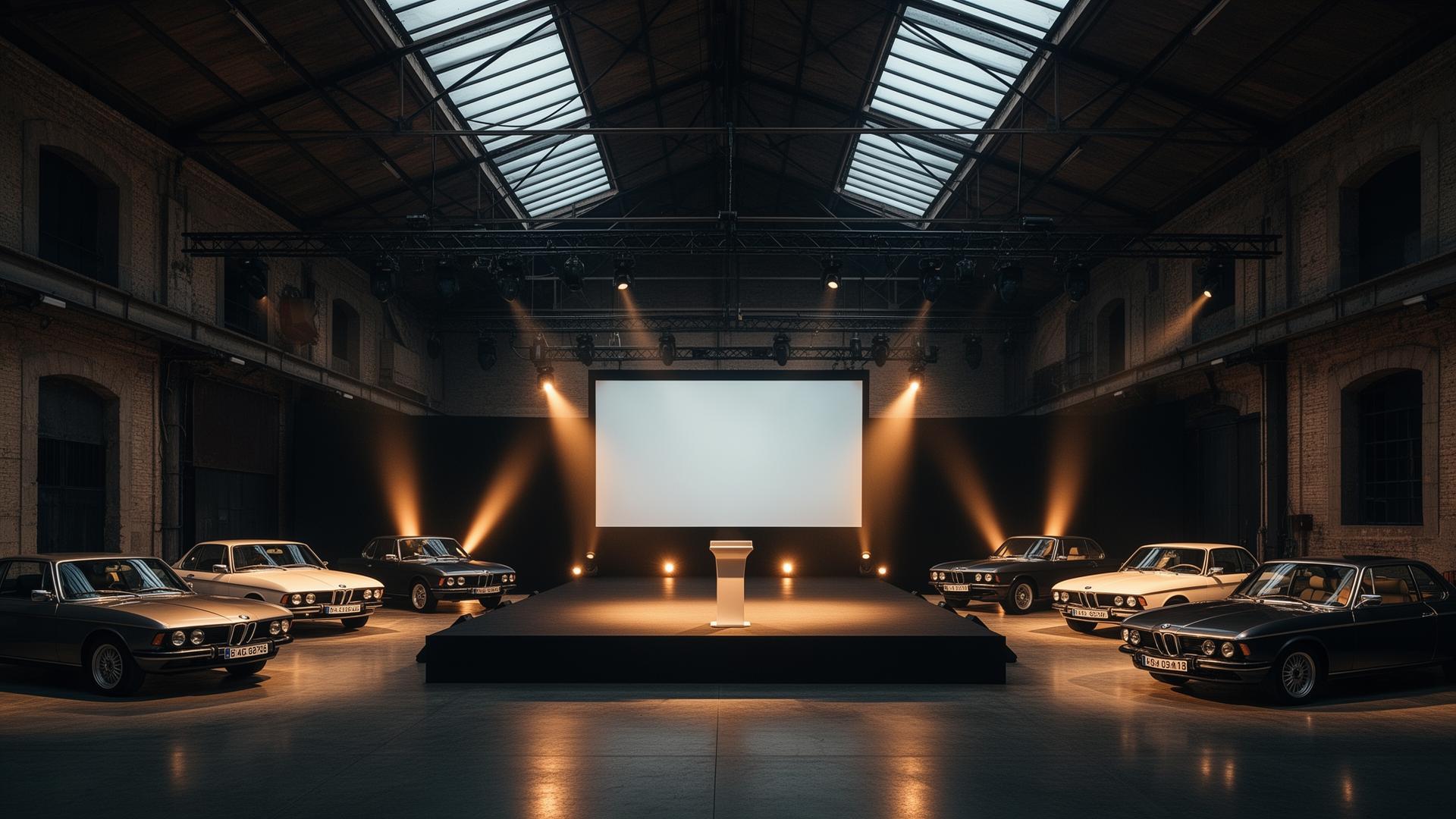 Sala equipada con proyector y sonido junto a vehículos BMW clásicos, lista para una presentación de producto en Road Legacy