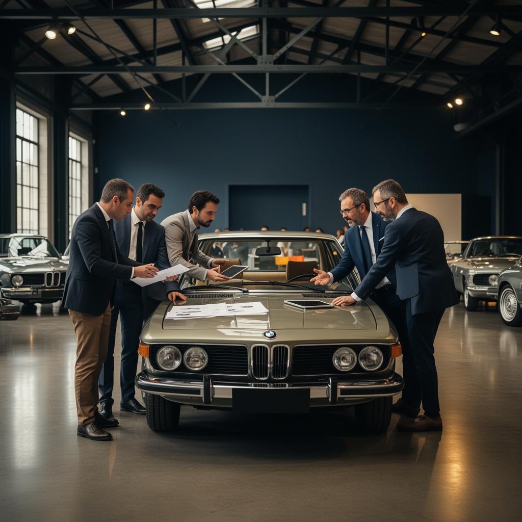 Equipo directivo trabajando un caso de negocio rodeado de la colección BMW histórica de Road Legacy