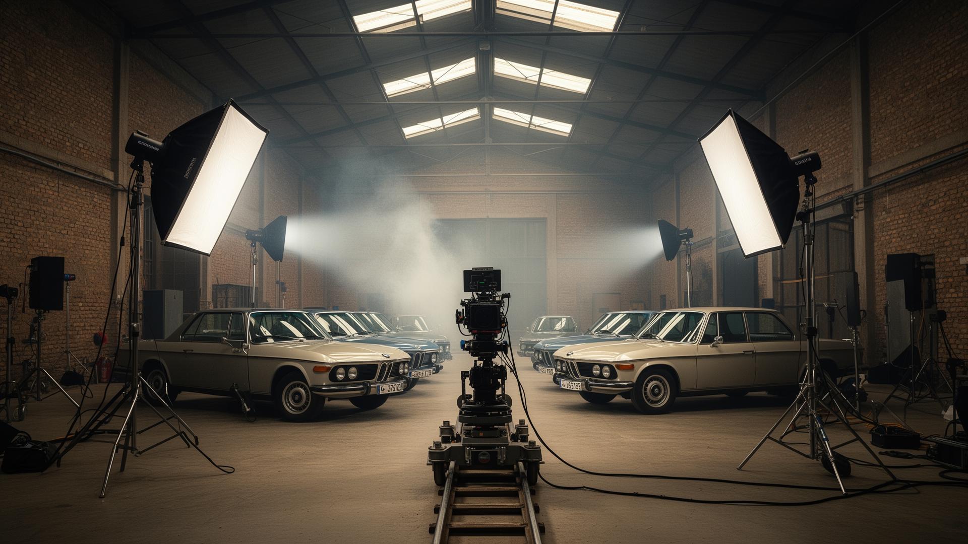 Nave industrial de Road Legacy con BMW históricos iluminada para un rodaje en Sant Cugat del Vallès