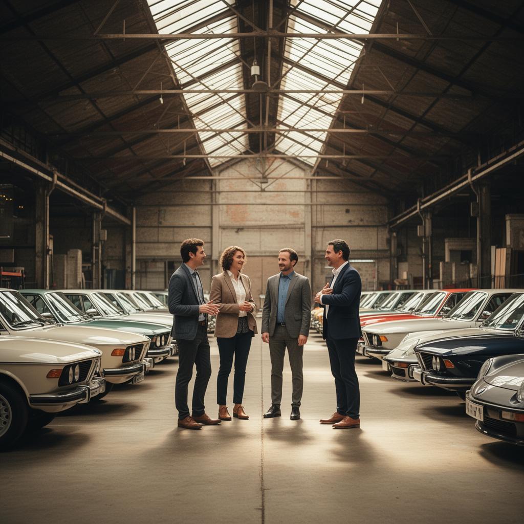 Equipo conversando de forma distendida entre los BMW históricos de Road Legacy durante una experiencia de cohesión