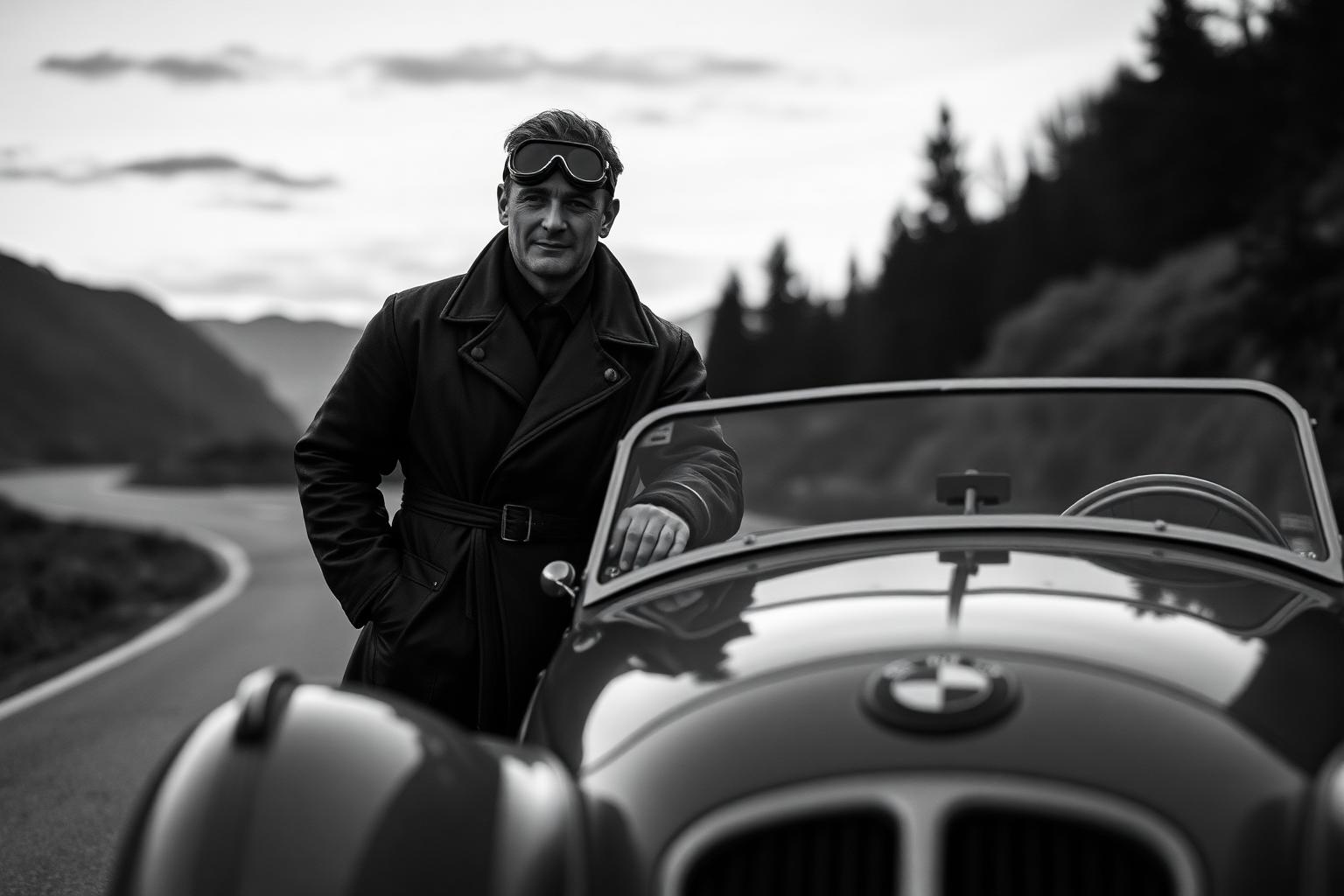 Retrato evocador de un ingeniero piloto de los años treinta junto a un BMW deportivo de la colección Road Legacy